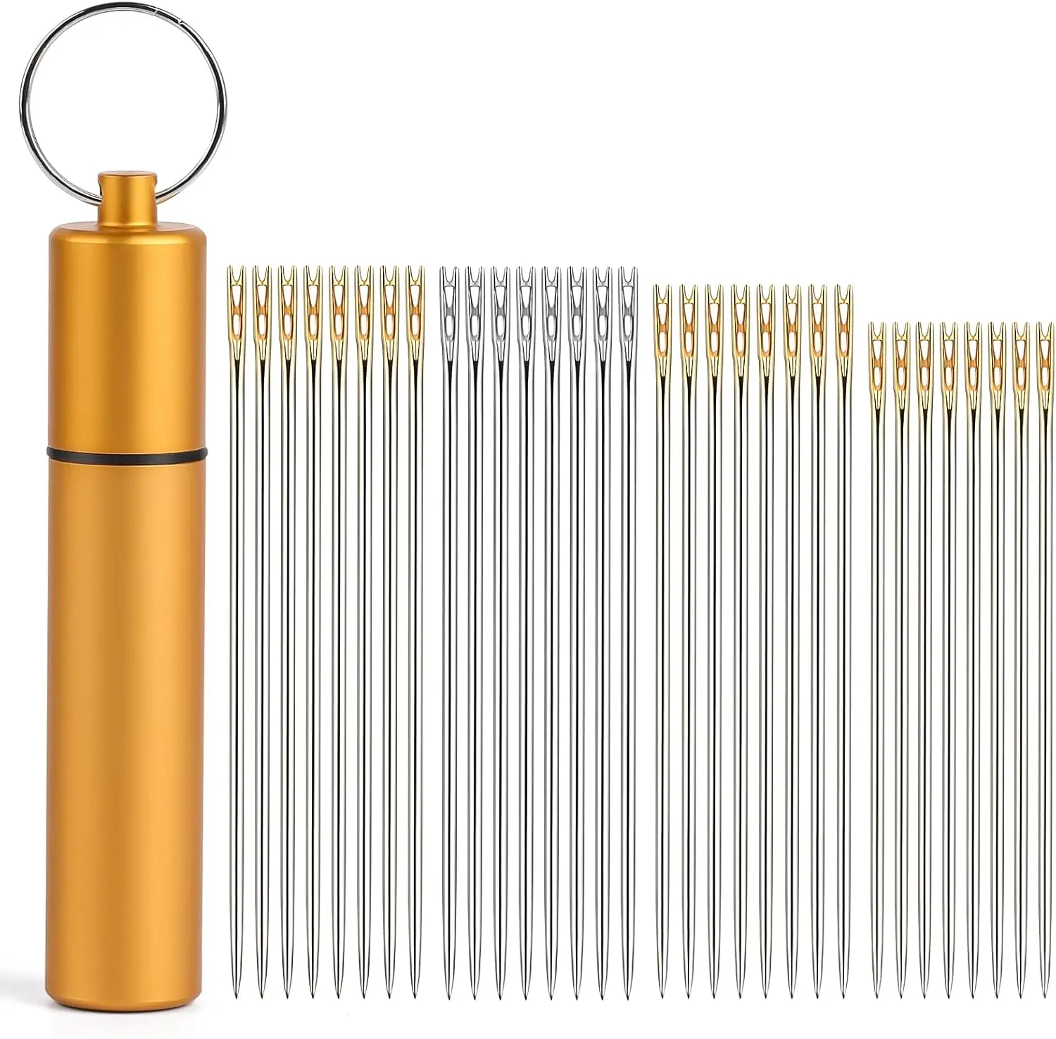 40-Count Durable Steel Self-Threading Hand Sewing Needles - Easy Threading, Double Hole, Large Eye, Metal Storage Tube - For Poor Coordination, Difficult-To-Wear Fabrics, Daily Mending - Sewing Embroidery Supplies