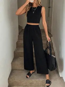 Women's Round Neck Two-Piece Set, Outfit, Casual Fashion, Basic, Comfortable, Soft and Stylish Design, Long Regular Pants, H-Type Silhouette, Daily Wear, Womenswear