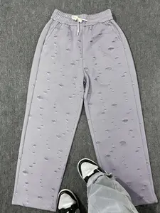 Men's High Waist Wide Leg Sweatpants, Distressed Hole Print Casual Pants, Soft Knit Drawstring Trousers for Streetwear