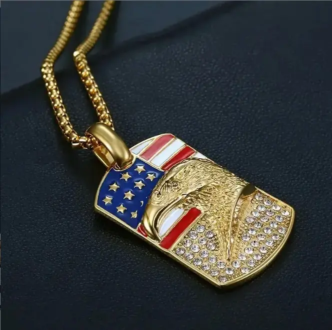 MaxBling81 Unisex American Flag Eagle Stainless Steel Dog Tag Pendant (45mm x 30mm) with 3mm-24" Rolo Chain Necklace - Casual Costume Jewelry Accessory for Any Occasion & America Lovers