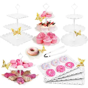 15 PCS Dessert Table Display Set White Cupcake Stand,3 Tiered Tray Stand Cup Cake Holder, Cake Stand Serving Trays Dessert Display Stands for Tea Wedding Baby Shower-White