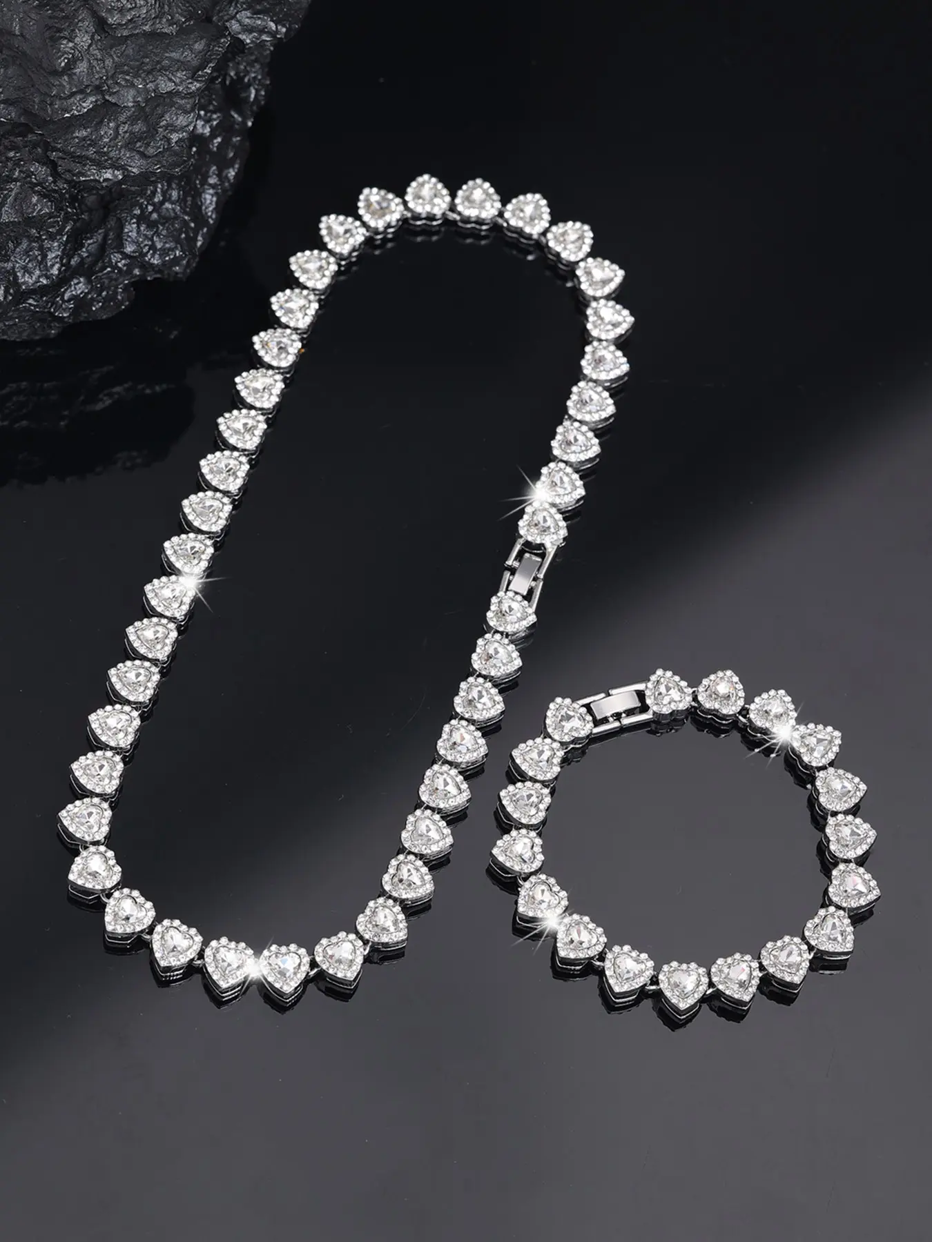 2 Piece Elegant Heart Thick Necklace & Bracelet Matching Jewelry Set, Unisex Hip-Hop Style, Perfect for Dates, Weddings & Daily Wear, Valentine's Day Gifts