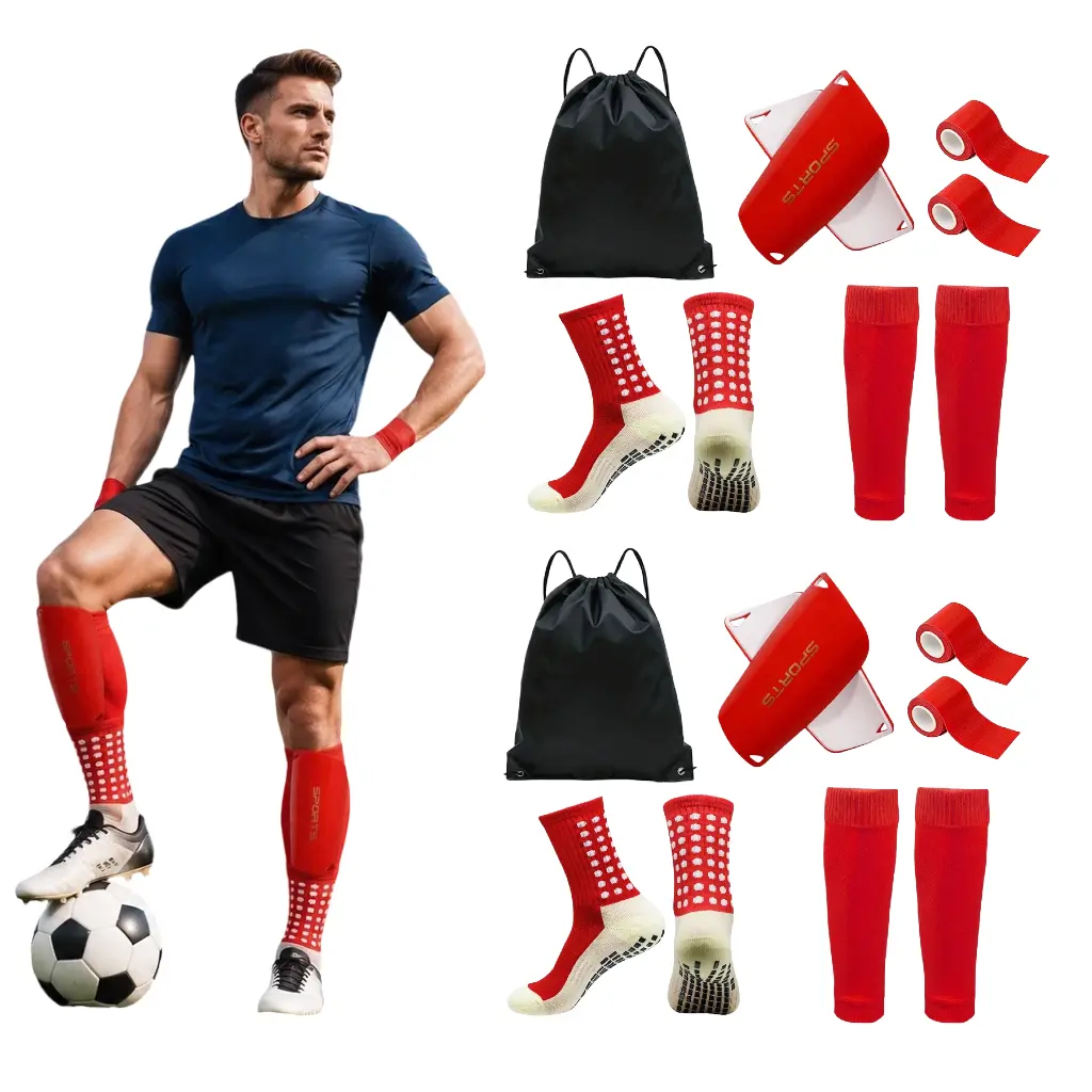 Soccer Shin Guards and Anti Slip Grip Socks Set, Breathable Calf Sleeves with Self Adhesive Bandage & Storage Bag, Sports Equipment