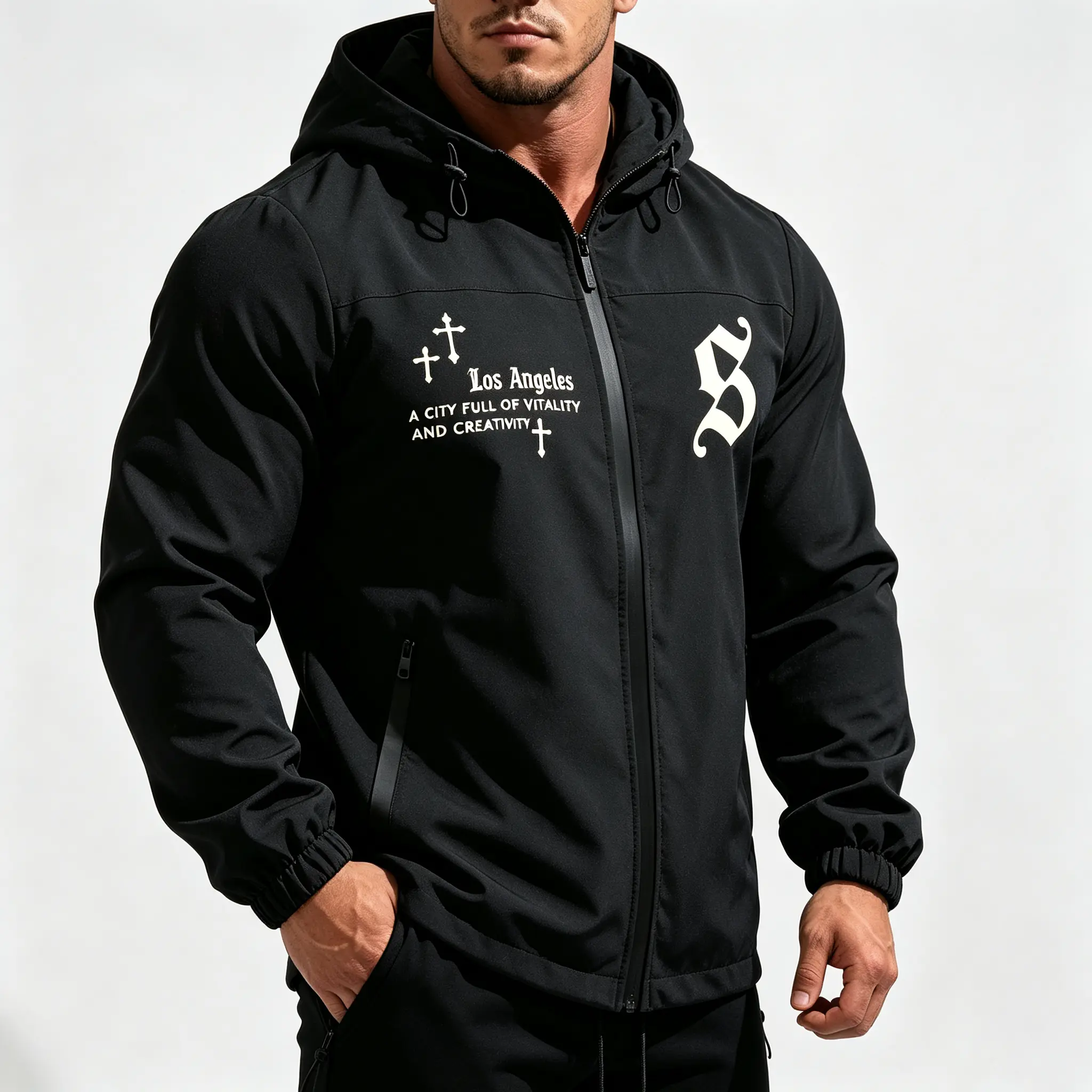Spring/Autumn Men’s Street Style Hooded Softshell Jacket with Cross Print, Loose Fit, Windproof, Drawstring Hem, Zipper Jacket
