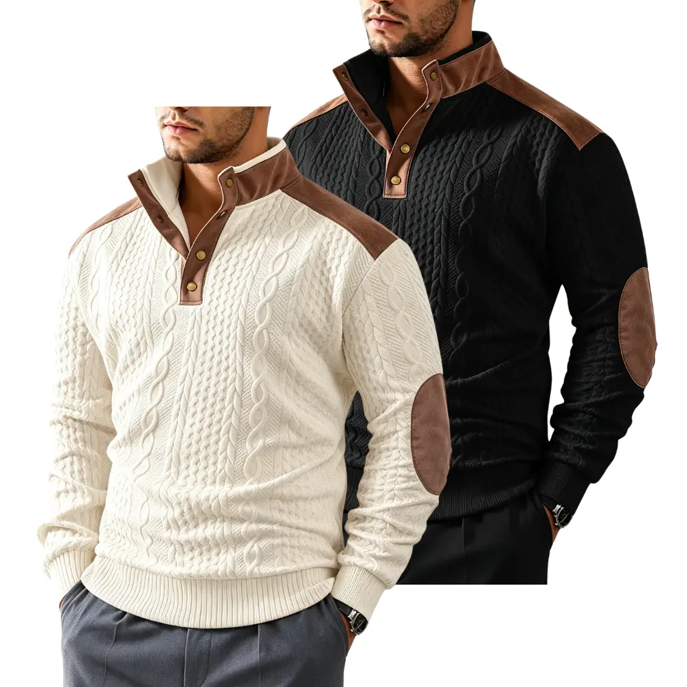 Men's Thick Cable-Knit Henley Top, Casual Long Sleeve Knitwear with Stand Collar, Suede-Accents and Elbow Patches, Tops, Menswear, Polyester, Henley Shirt, Button Front, Sweatshirt, Vintage, Full Sleeves, Polyester Knit