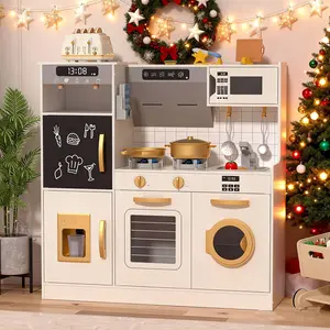 Kids Wooden Kitchen Playset with Realistic Lights & Sounds，Includes 28 Toy Food & Cookware Pieces， for Boys and Girls Birthday Gift Christmas Gift