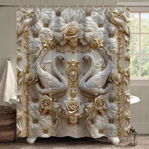 Luxurious Swan Rose Pattern Shower Curtain Set, Elegant Bathroom Decor, Decoration, Includes Non-Slip Mat, Toilet Lid, Bath Mats, 12 Plastic Hooks