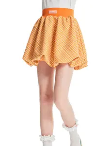 Girls Bubble Skort with Built-in Shorts,Orange Plaid Skirts for Girls 8-9Y,Puffy Hem Uniform Skort for School,Tennis Cute Balloon Shorts