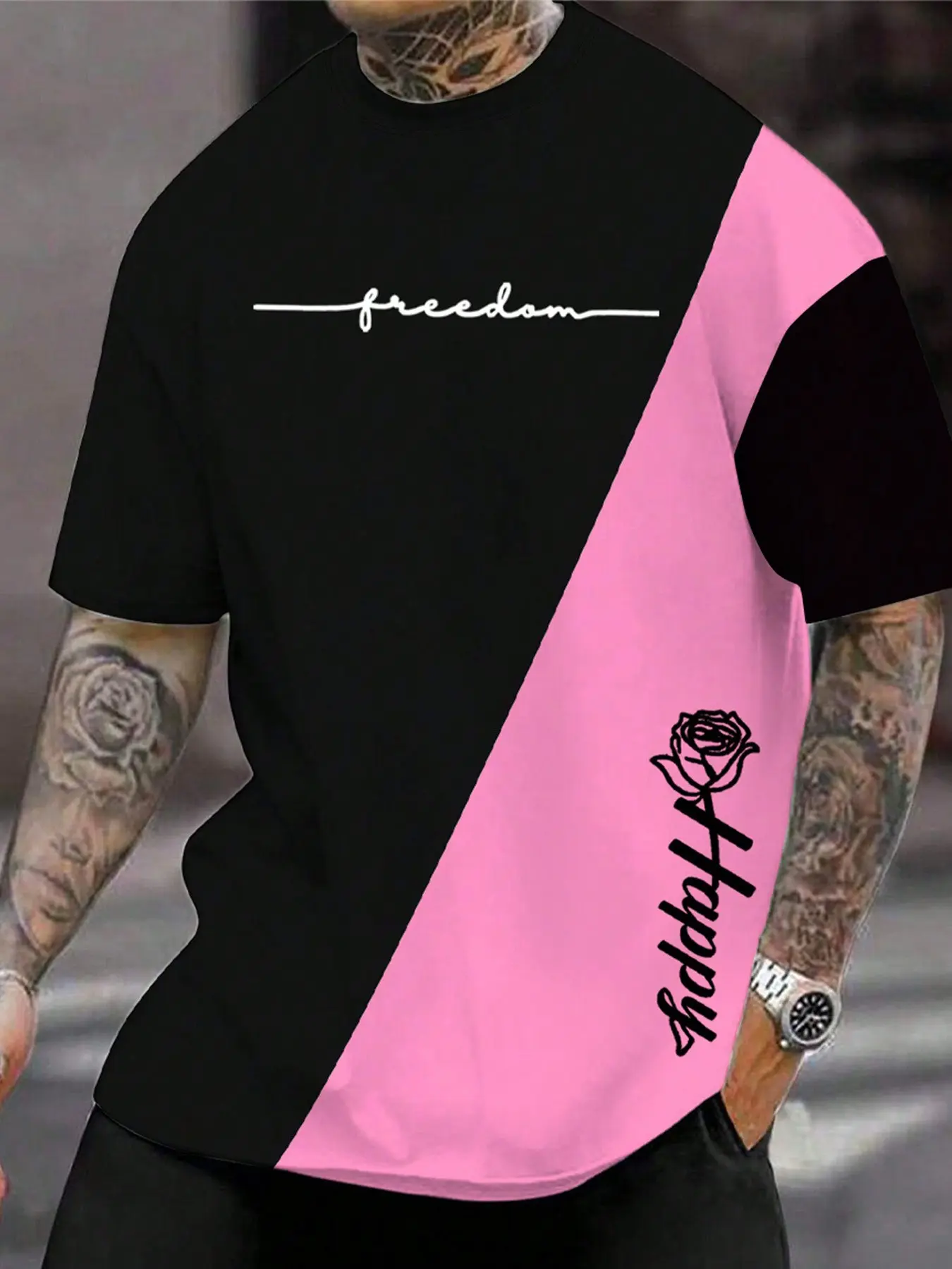 TikTok Men's Black and Pink Color blocked T-shirt - Free and Rose Pattern Printed, Casual Street Wear Round Neck Slim Fit T-shirt, Breathable and Comfortable, Suitable for Fashionable Summer Clothing Streetwear Fashion Tees