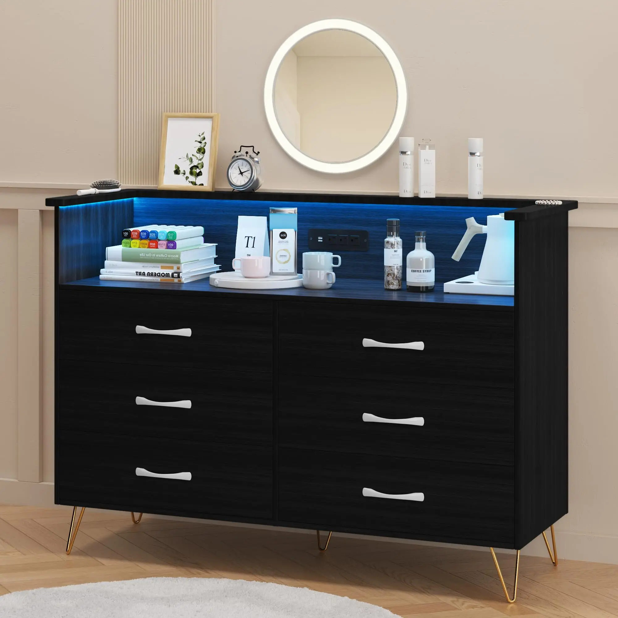 6-Drawer Black MDF Drawer-Equipped Makeup Vanity & Bedroom Dresser with RGB LEDs, Charging Station, Wooden Top, Sturdy Steel Frame, Easy-Pull Handles, Metal Legs - Multi-Purpose Storage Chest for Entryway, Living Room, Drawer-Equipped Makeup Vanities