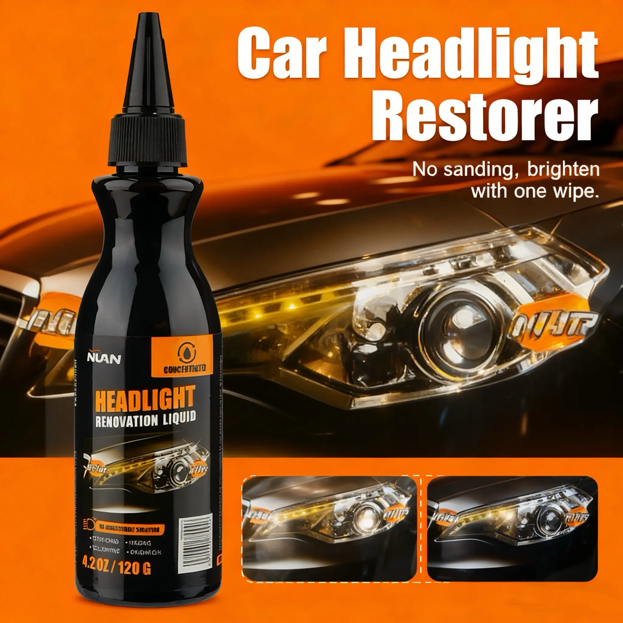 NUAN Car Headlight Restoration Kit 120g Repair Liquid Headlight Cleaner Polish for Oxidation Yellowing Foggy Hazy Cloudy Lenses Scratch Repair Clear Finish
