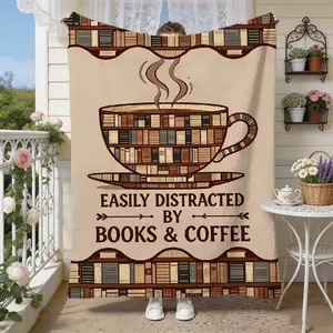 Book Café Moments,Bookish Coffee Cup Lightweight Blanket,Book Lovers Coffee Cup Print Air Conditioning Blanket,Soft Flannel Blanket for Reading Nooks & Coffee Nights,Summervibes