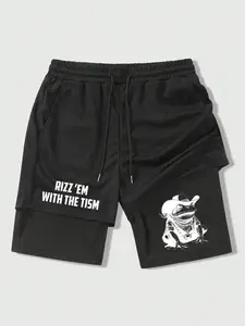 Men's Regular Fit Frog & Letter Print 2-in-1, Casual Comfy Breathable Athleisure Street Shorts for Summer, Men's Bottoms for Daily Wear