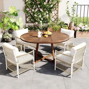 Outdoor Dining Table Set Modern 5-Piece Patio Extendable Wooden Dining Table Set, 12inch Butterfly Leaf Foldable Round Kitchen Table Set with 4 Rattan Arm Chairs for Backyard,Balcony, Garden, Poolside, Natural