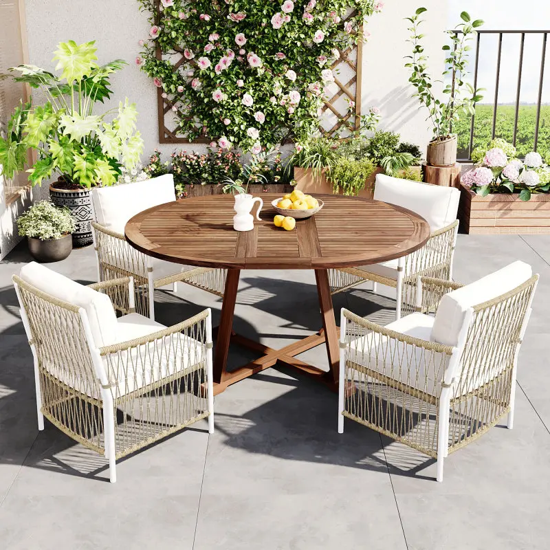 Outdoor Dining Table Set Modern 5-Piece Patio Extendable Wooden Dining Table Set, 12inch Butterfly Leaf Foldable Round Kitchen Table Set with 4 Rattan Arm Chairs for Backyard,Balcony, Garden, Poolside, Natural
