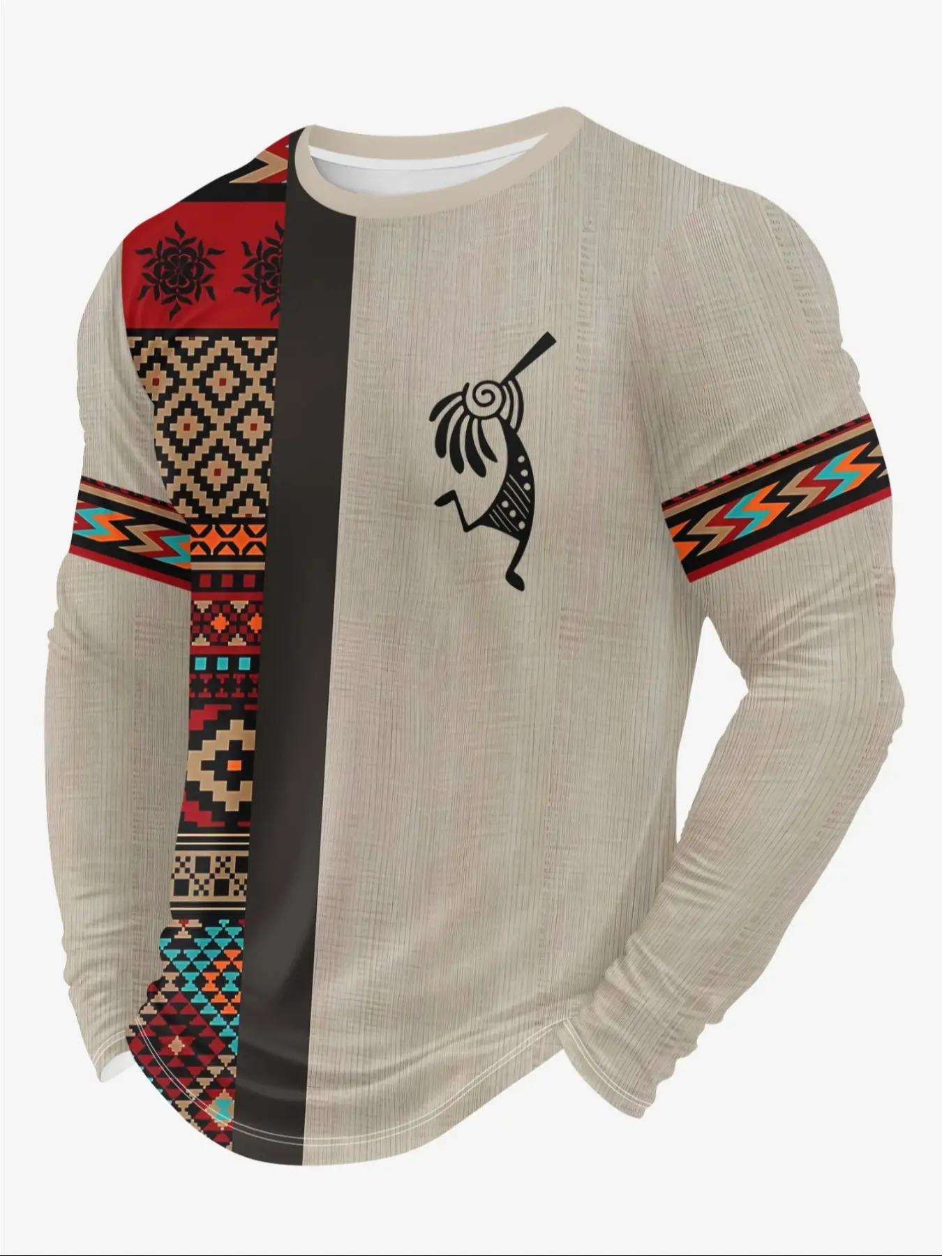 Trendy men's 3D ethnic Geometric print long-sleeved Fitted Casual T-shirt, versatile crew neck pullover, Streetwear stylish menswear suitable for outdoor wear, Tops
