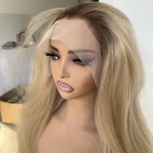 Soft Brown Blonde 13X4 inch Large Area Glueless Wigs Lace Frontal Layered Women Synthetic Hair Long Straight