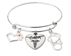 CNA Gift Bracelet – Certified Nursing Assistant Charm Bangle with Stethoscope, Nurse Hat & Caduceus Heart, Silver Adjustable Wire