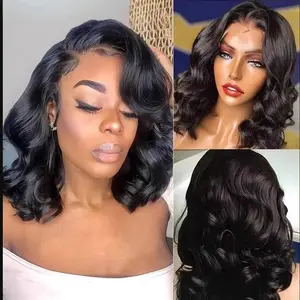 Short Hair Glueless Transparent Lace Front Real Human Hair Shoulder-Length Wavy Bob Wig Honey Blonde Highlights/Natural Black/Eyebrow Medium Cap Size real hair Chocolate Brown Body Wave Human Hair Wig