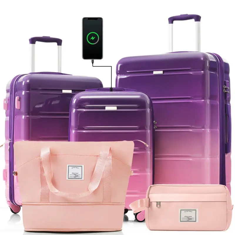 Luggage Sets 5 Piece, 20-inch with USB Port, ABS Durable Suitcase with Travel Bag, ABS+PC Hard Shell Luggage with Spinner Wheels, purple and pink