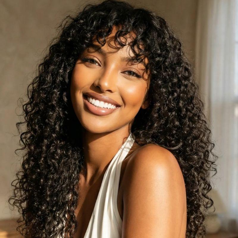 【NEW IN】Unice Boho Curly Human Hair Wig with Bangs  4X1 Lace Part Effortless Shaggy Waves Glueless Pre-Styled Wig with invisi Drawstring