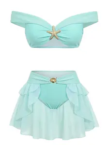 Teal 1970s Jasmine Princess Off-Shoulder Ruffled Bikini Set