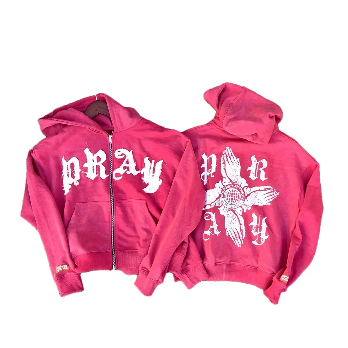 Unisex Pray Distressed Zipper Cropped Hoodie