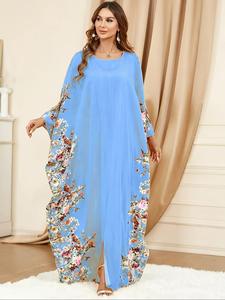 women's floral print batwing sleeve kaftan dress, modest fashion long sleeve dress for daily outdoor wear, dresses for women, women's islamic clothing for all seasons