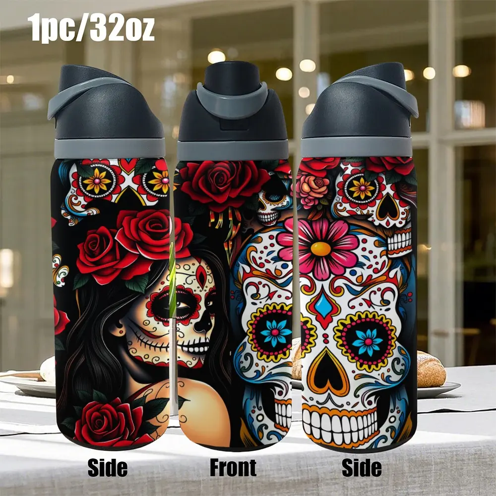 1pc 32oz Insulated Water Bottle with Flip Top Lid | Sugar Skull & Day of the Dead Floral Print | Stainless Steel Vacuum Travel Tumbler | Keep Drinks Hot & Cold | Perfect Mexican Folk Art Gift for Men Women, Halloween & Día de los Muertos, Thermo Cup