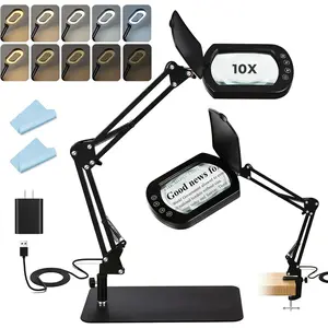 10X Square Magnifying Glass with Light and Stand/Clamp, 80 LED Lighted Magnifier with Dust Cover, 5 Color Modes Stepless Dimmable, Hands-Free Desk Magnifying Glasses for Close Work, Crafts, Reading
