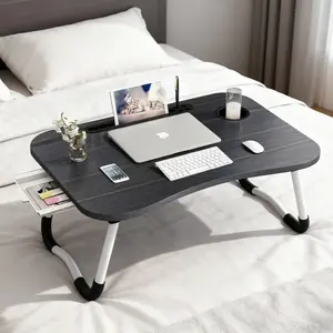 Folding desk on bed, portable laptop desk with drawers, cup holder and phone stand, knee-high table for writing, reading and having breakfast on low cushions or adult lounge chairs (pink, black)