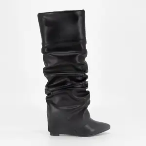 Winter Boots Women Slouched Ruched Fold Over Boots Covered Wedge Block Heel Knee High Punk Gothic Fashion Luxury Shark Shoes For Woman