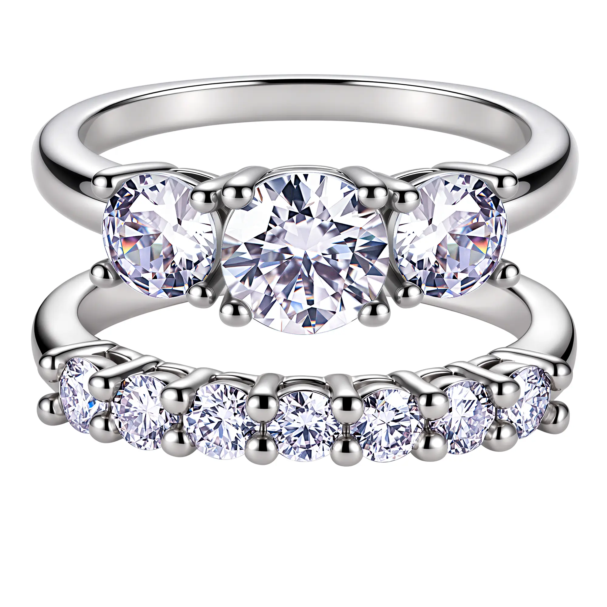 CICIKALEO 18K Real Gold-Plated Moissanite Wedding Ring Set for Women 3-Stone Engagement Ring with Stackable Band Promise Anniversary Gift R1