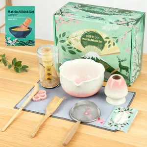8 count Matcha Whisk Set with Floral Ceramic Matcha Bowl, Wooden-Handled Sifter,  Whisk, Whisk Holder,  Scoop, Scoop Rest, Spoon,  Towel, Greeting card,  for Beginners