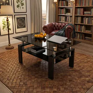 Modern Rectangle Glass Coffee Table, Black Tempered Glass Center Table with Sturdy Black Metal Legs, Minimalist Smooth Surface Accent Side Table, Luxury Contemporary Home Decor, Multifunctional Indoor Leisure Table, Fashion Furniture for Living Room, Bedr
