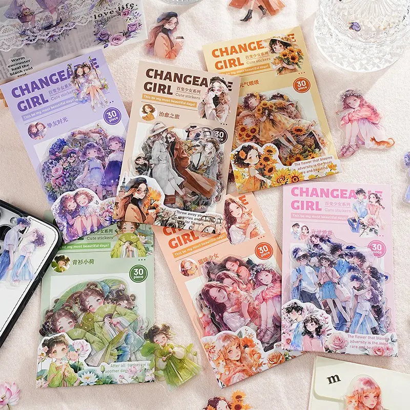 Yi Niao Girls' Series Pet Sticker Pack, 6 Designs, Durable & Reusable, Perfect for DIY Crafts, Decorations, Gifts, Kids Activities