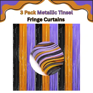 3 Pack 3.3ft x 6.6ft Metallic Tinsel Fringe Curtains – Orange, Purple & Black Foil Backdrop for Halloween, Birthday, Bridal & Baby Shower, Bachelorette Party Decorations