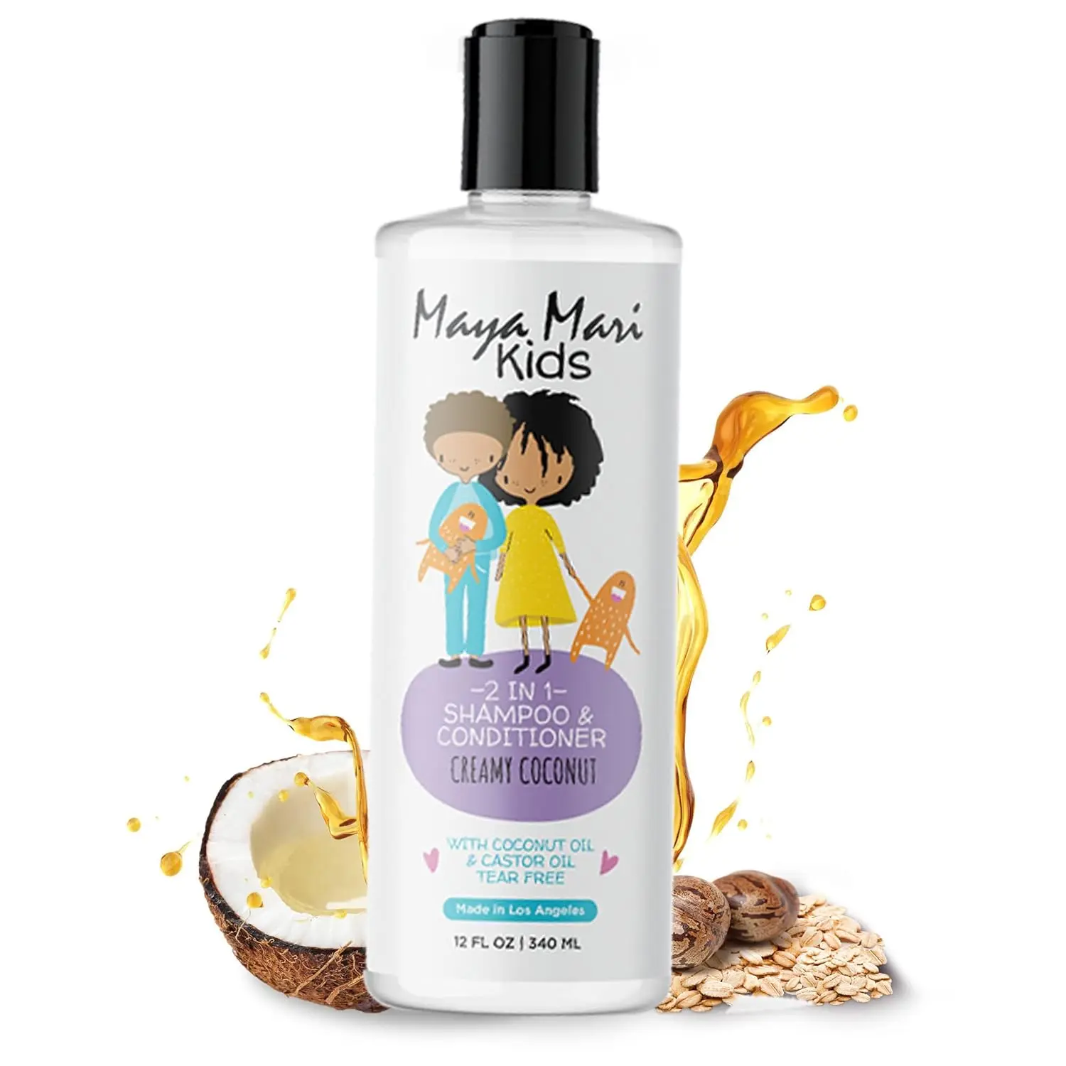 Maya Mari Kids 2-in-1 Shampoo and Conditioner, Tear-Free Haircare Moisturizer with Coconut & Castor Oil for Silky Smooth Hair, Creamy Coconut Lime Scent, 12 oz, Cleanser, Restore, Hydrate