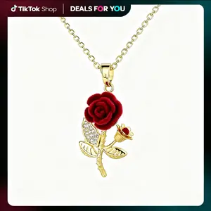 Velvet Red Rose Pendant Necklace — Gold‑Tone Stem with Sparkling Rhinestone Leaves, Romantic Gift for Her