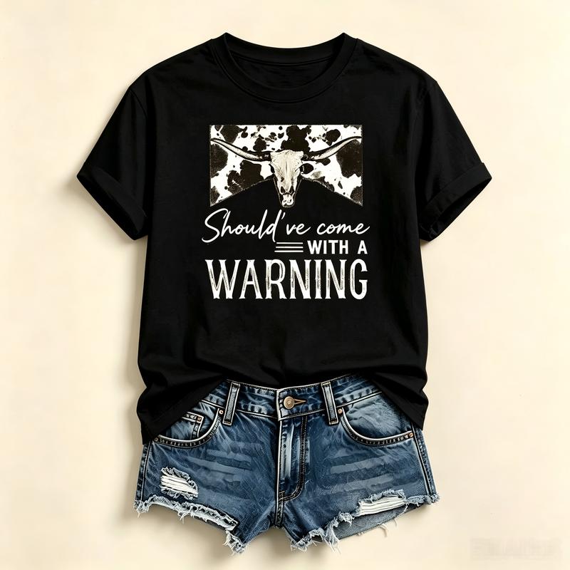Women's Soft Pure Cotton Round Neck Shortsleeve Fitted Vintage White-Tee - Cow Print Longhorn Western Skull Graphic, Retro Country Cowgirl Summer Vacation Casual Top, Tshirt