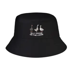 "Silly Goose On The Loose" Print Bucket Hat Black Cotton Sun Hat Casual Unisex Fisherman Cap