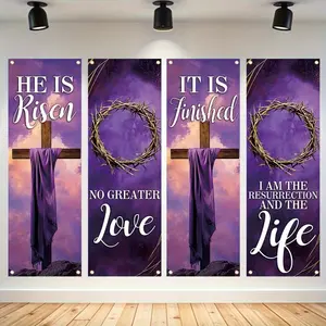 Easter Theme Backdrop Banner, 4 Counts/set Church Banner, Wall Decor for Church Sanctuary Walls, Celebrations, Gifts, and Home Wall Decorations, Ornaments