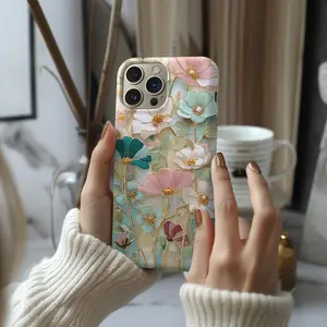 Pressed Flower Phone Case: Teal Pink Gold Stained Glass Wildflower. Case for IP 11 12 13 14 15 16 17 Pro, Plus, Promax, S21,22,23,24,25 Ultra, Tough Case, Magsafe Case