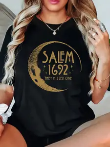 100% Cotton Unisex Women's Casual T-Shirt, Salem 1692 "They Missed One" Print, Short Sleeve, Round Neck, Stretch Knit Fabric, Geometric Pattern, , Regular Fit, Spring/Summer Style, Pullover Top