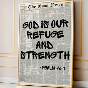 God Is Our Refuge and Strength Psalm 46:1 Bible Verse Wall Art, Newspaper Print Christian Modern Scripture Bold Typography, Pray for Charlie Poster Unframed