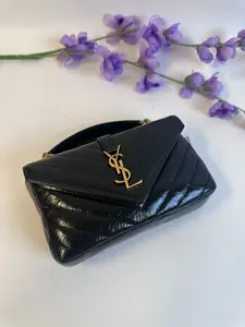 Pre-owned Yves Saint Laurent LEATHER Shoulder Bags YS1467L YSL Saint Laurent College Mini Chain Bag in Shiny Crackled (BF 12Z)