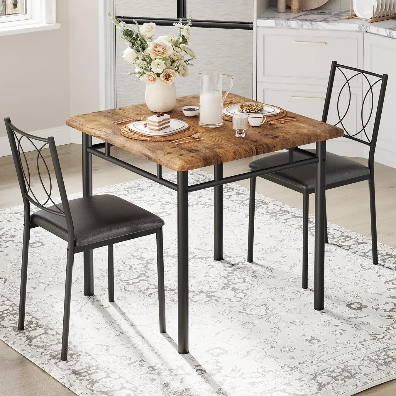 Garvee Dining Set for 2 - Compact Kitchen Table with Upholstered Chairs, Farmhouse Wooden Dining Chairs, Ideal for Small Spaces, Apartments, Available in Gray and Walnut Finishes