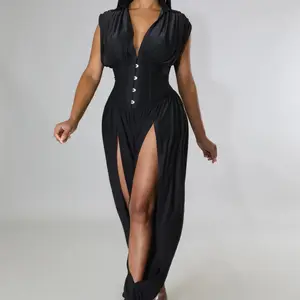 Genie Wishes Corset Jumpsuit - Black Maxi Jumper with High Slit  Thighs & Button Front Design for Women.