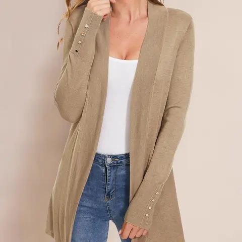 Women's Fitted Plain Button-Decor Long Sleeve Knit Cardigan, Casual Open-Front Womenswear Top for Fall & Winter Fashion, Daily Wear Sweaters for Women