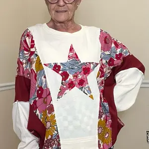 Top Print Mix Floral Star Design Long Sleeve Women's Fashion Top